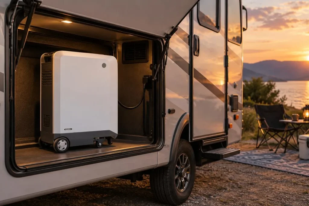 Real nighttime photo of a quiet battery power station inside an open RV storage compartment